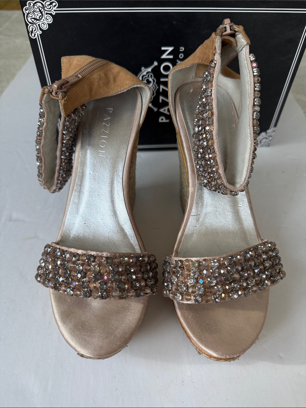 PAZZION Rose Gold Crystal Ankle-Strap Wedges